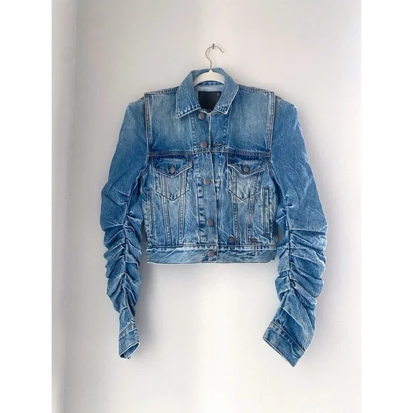 R13 Distressed Denim Jacket Structured Ruched Sleeve Jean Jacket | The Attico - Picture 12 of 13